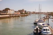 Marina with boats and waterfront houses