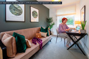 Stylish home office in the Sunningdale Park show home in Ascot, with a desk, sofa and contemporary interior design.
