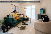 Sunningdale Park show home living room in Ascot with green sofa, contemporary furnishings, a man and a cat