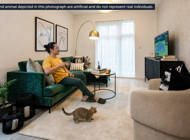 Sunningdale Park show home living room in Ascot with green sofa, contemporary furnishings, a man and a cat