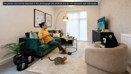 Sunningdale Park show home living room in Ascot with green sofa, contemporary furnishings, a man and a cat