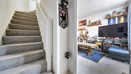 Carpeted staircase with white walls, door leading into living space and landing above.