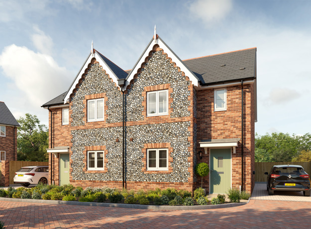 Plots 51 & 52 - The Hazelwood, two semi-detached houses with flint detail and brickwork to the front and driveways either side.