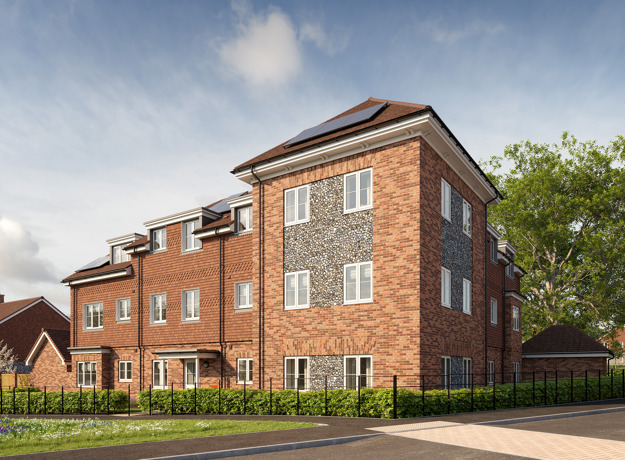Plots 01 09, an apartment block with red/brown mixed brickwork and feature flint work, red/brown tiles with solar panels on. Surrounded by a low hedge with low level black railings.