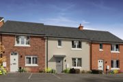 A computer generated image of plots 685-687, a row of 3 houses with brick and rendered brickwork with allocated parking spaces in front.