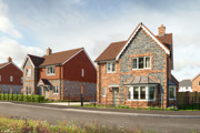 Plots 21 + 34 - a CGI street scene of two detached houses with driveways in between, flint stone features and black railings around