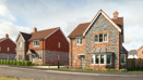 Plots 21 + 34 - a CGI street scene of two detached houses with driveways in between, flint stone features and black railings around