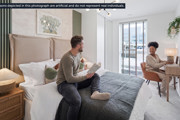 Contemporary bedroom with home working space in the Ambia show home in Maidenhead.