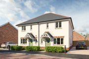Plots 78 & 79 computer generated image of two semi-detached houses with green front doors, white rendering and a driveway either side.