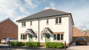 Plots 78 & 79 computer generated image of two semi-detached houses with green front doors, white rendering and a driveway either side.