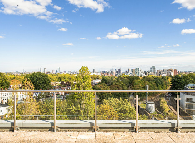 Views over London's skyline from a communal terrace.