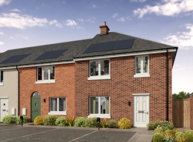 A computer generated image of plots 690-688, a row of houses with different brick and rendered frontages, a row of allocated parking spaces in front with EV chargers.