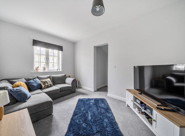 Living room with grey sofa, TV unit, and window with natural light.