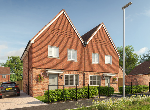 Plots 27&28, two semi-detached homes with red/brown tiles, mixed brick, hedges, railings, and side driveways.