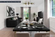Elegant dining room with seating for six, modern décor, and large windows creating a bright and welcoming atmosphere.